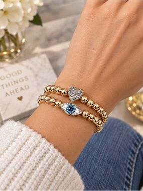 Gold Ball Bead Bracelets Set Evil‎ Eye & Heart with Crystals